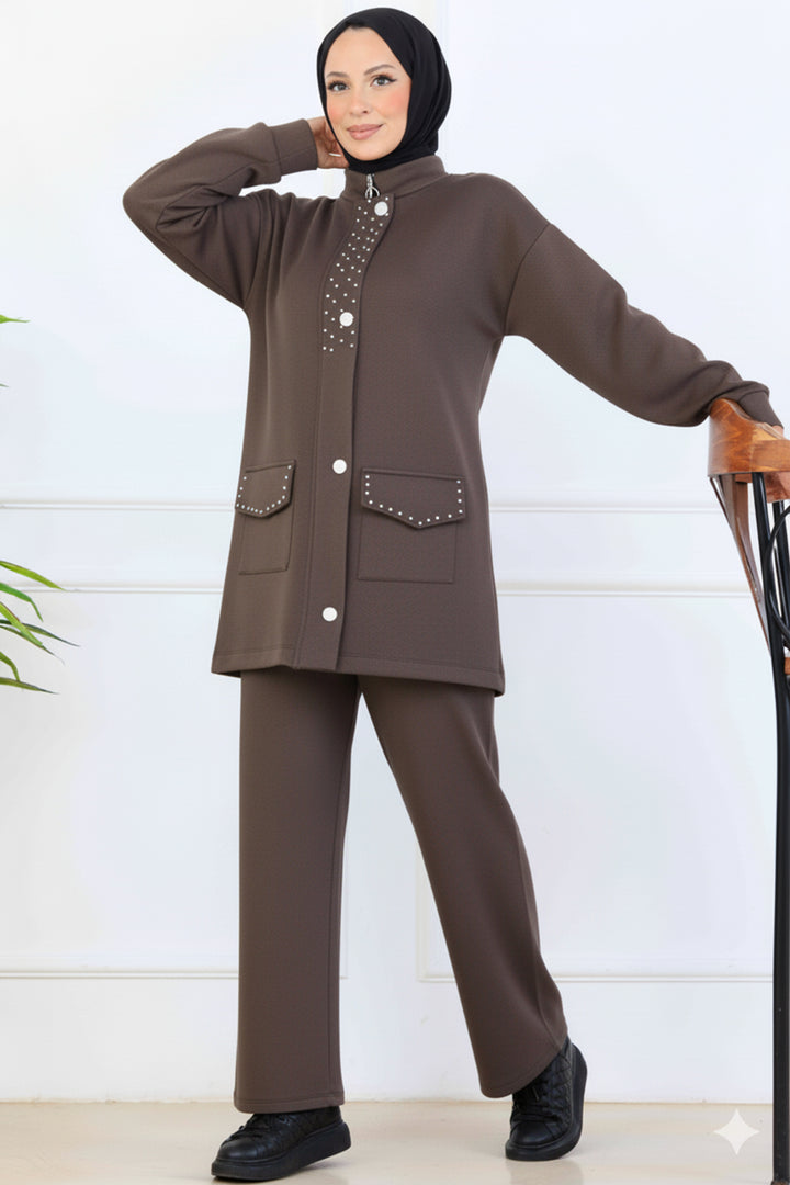 BNG Women Bead-Detailed Scuba Two-Piece Set N5334 Brown - Reading