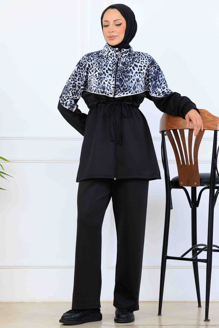 BNG Women Leopar Desenli Scuba İkili Takım N5357 Siyah - Andria