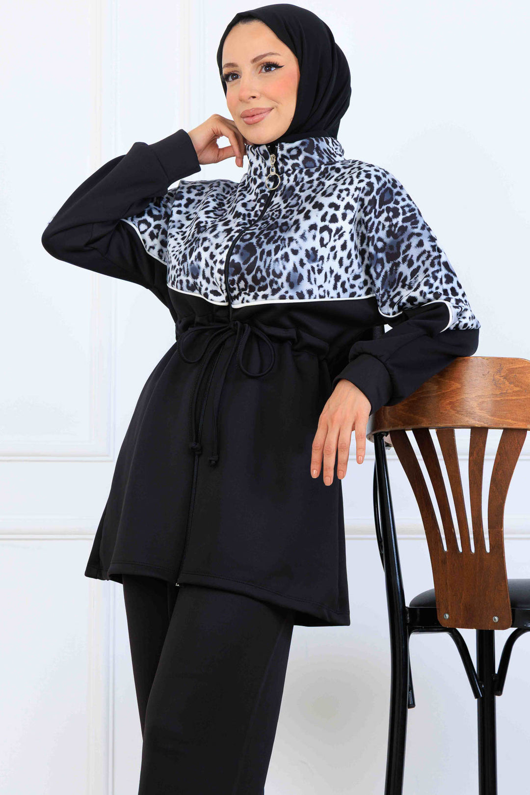 BNG Women Leopar Desenli Scuba İkili Takım N5357 Siyah - Andria