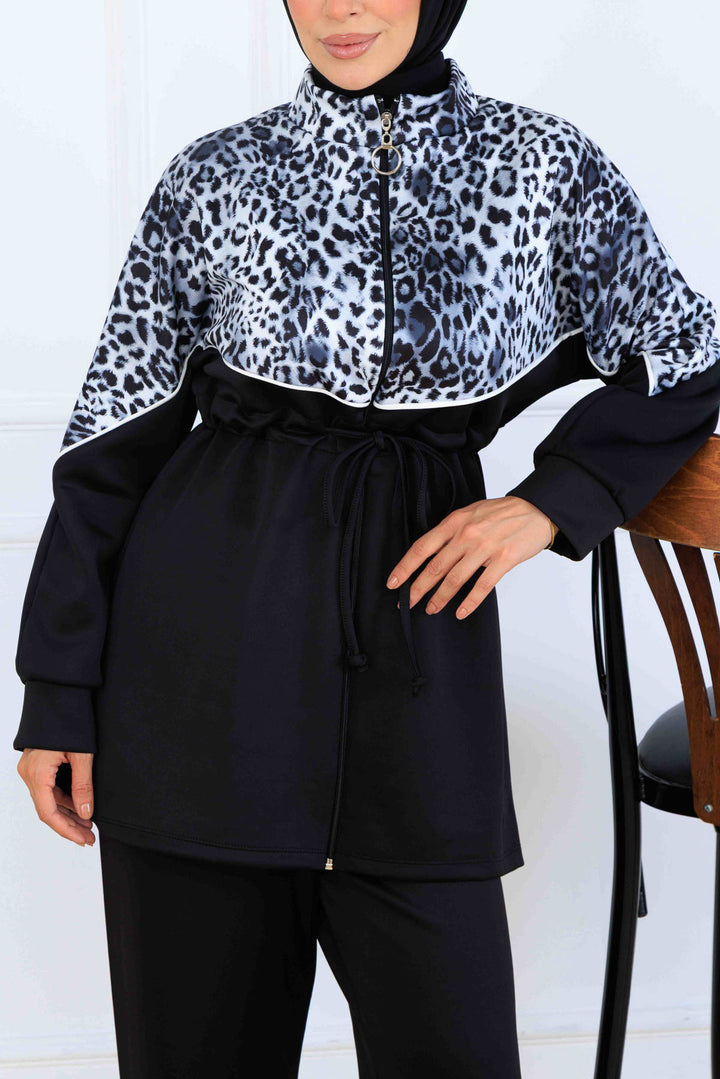 BNG Women Leopar Desenli Scuba İkili Takım N5357 Siyah - Andria