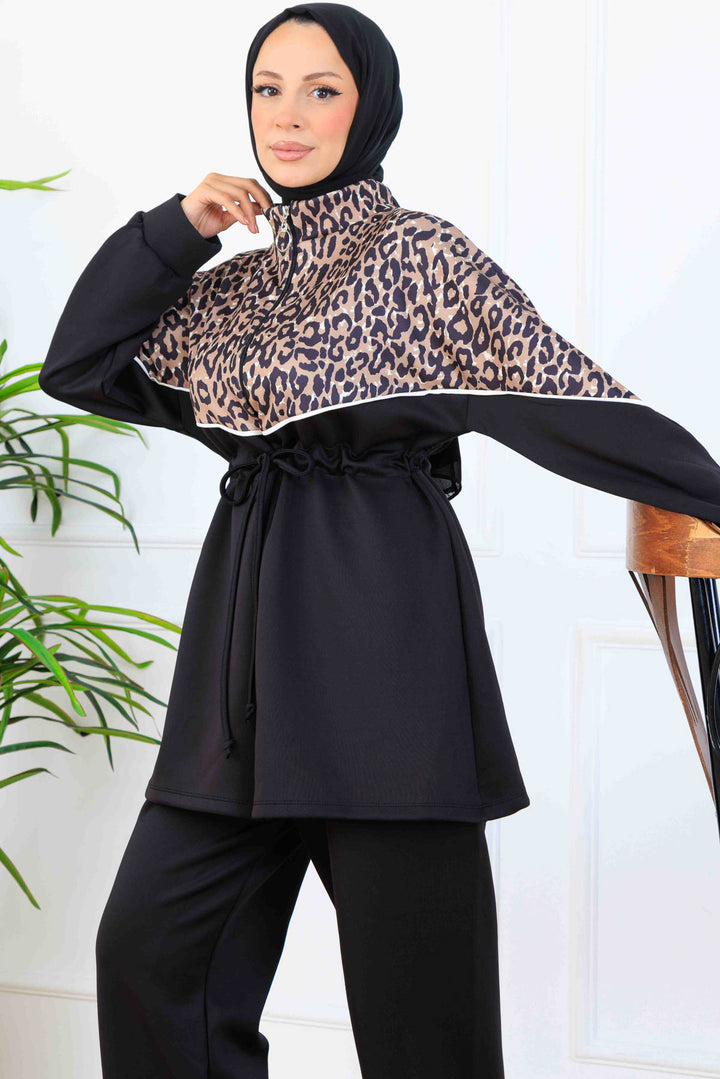 BNG Women Leopar Desenli Scuba İkili Takım N5357 Vizon - Oceanside