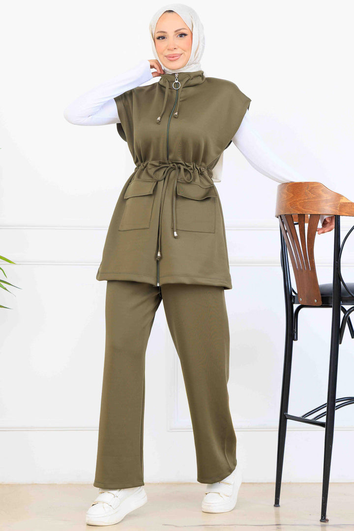 BNG Women Tied Waist Scuba Two Piece Set N5375 Khaki - Utrera