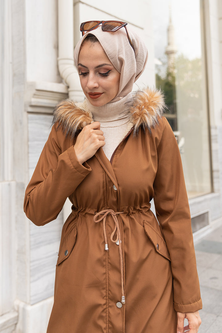 BNG Women Fur Collar Plush Bonded Coat Brown - Clermont