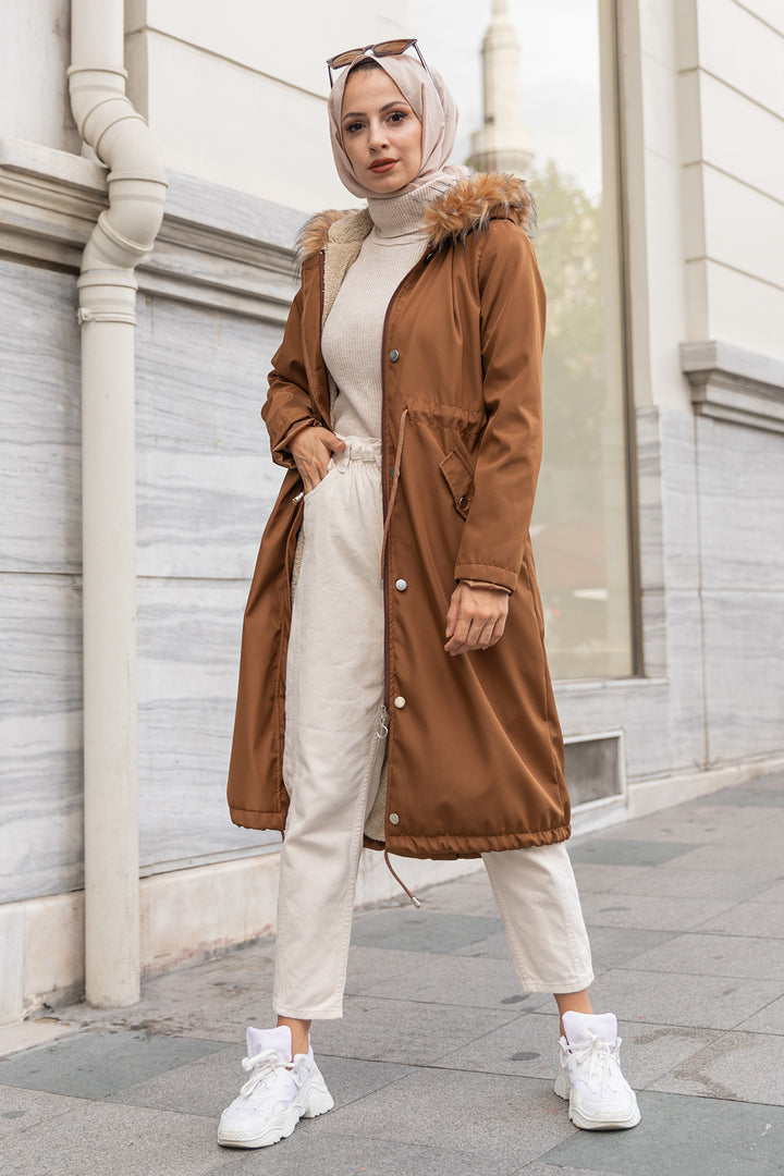 BNG Women Fur Collar Plush Bonded Coat Brown - Clermont