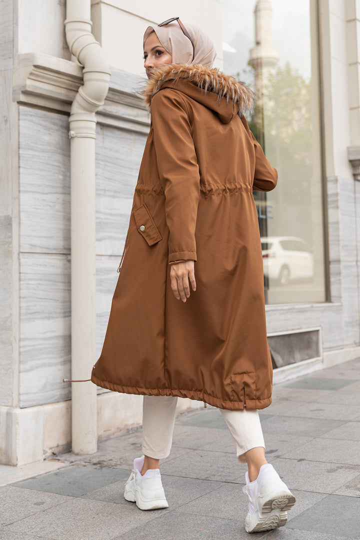 BNG Women Fur Collar Plush Bonded Coat Brown - Clermont