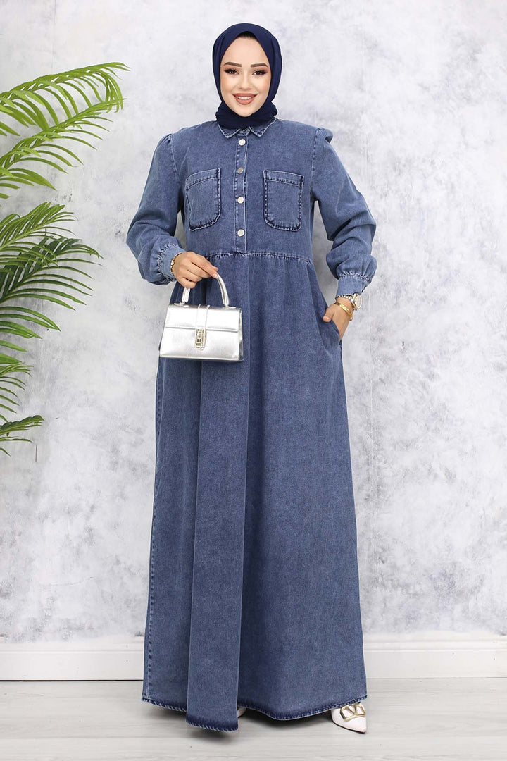 BNG Women Front Pocket Detailed Half Buttoned Denim Dress - Navy 845 - Bremen