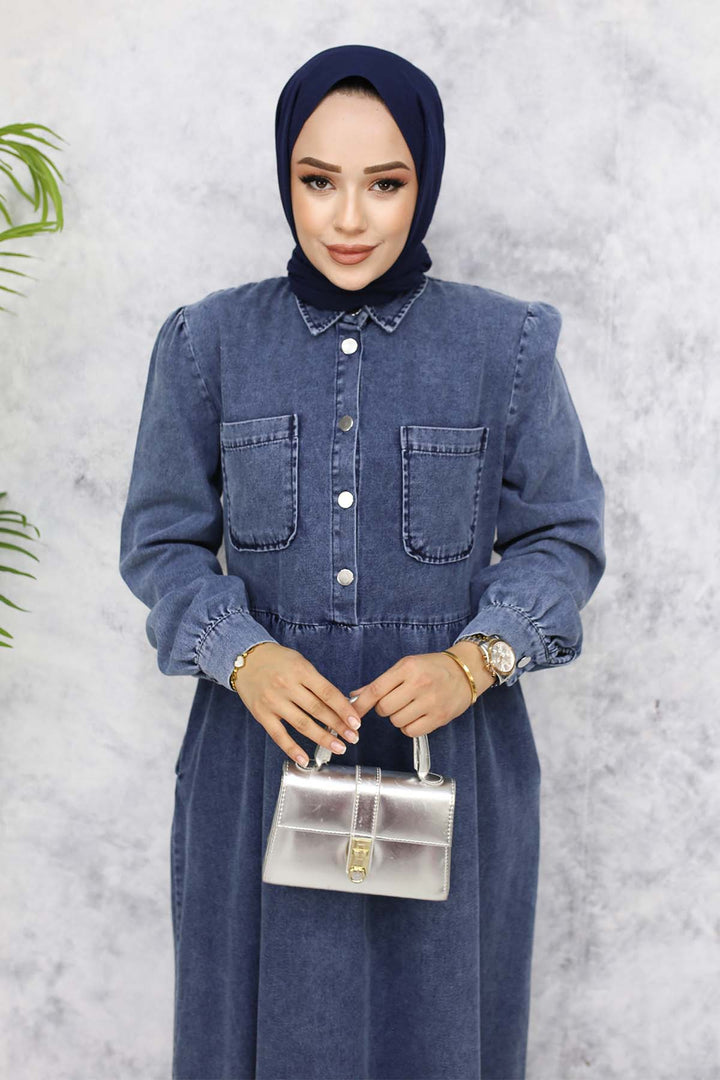 BNG Women Front Pocket Detailed Half Buttoned Denim Dress - Navy 845 - Bremen