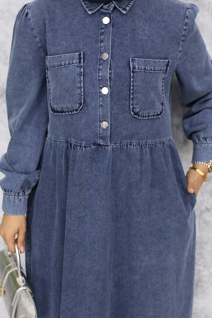 BNG Women Front Pocket Detailed Half Buttoned Denim Dress Navy 845 - Axochiapan