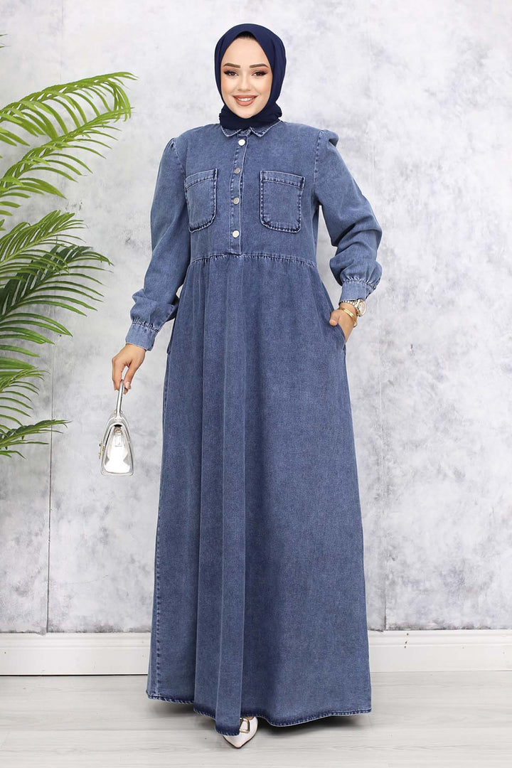 BNG Women Front Pocket Detailed Half Buttoned Denim Dress Navy 845 - Axochiapan