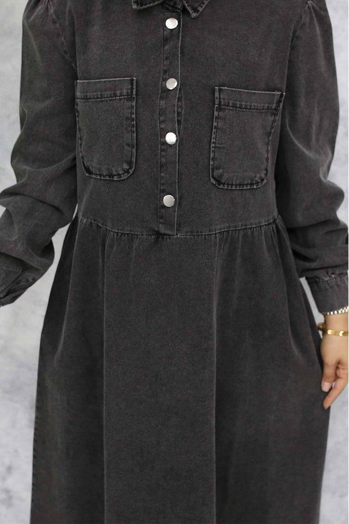 BNG Women Front Pocket Detailed Half Buttoned Denim Dress - Black 845 - New Westminster
