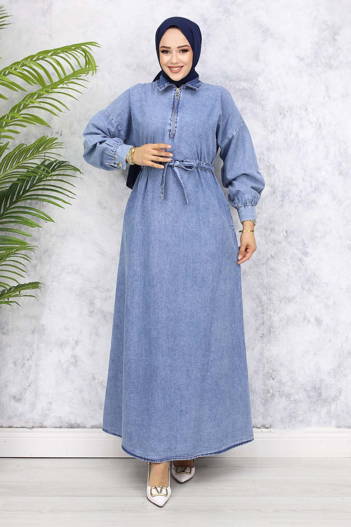 BNG Women Half Zippered Pocketed Denim Dress - Blue 825 - Johnson City