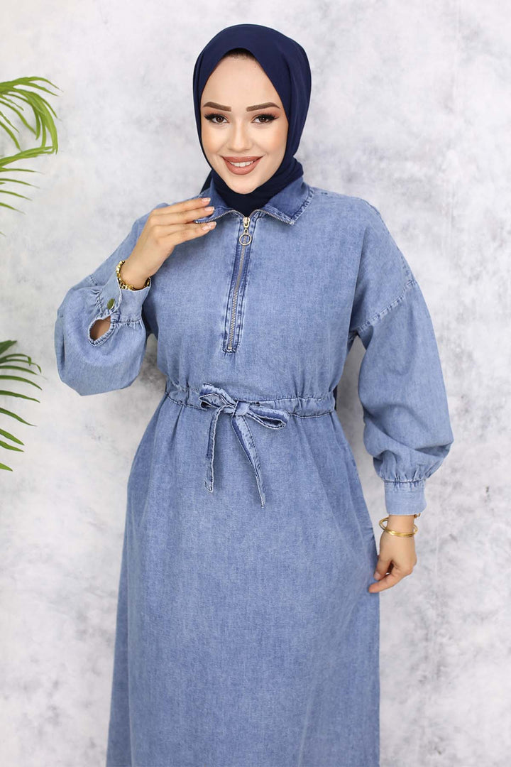 BNG Women Half Zippered Pocketed Denim Dress - Blue 825 - Johnson City