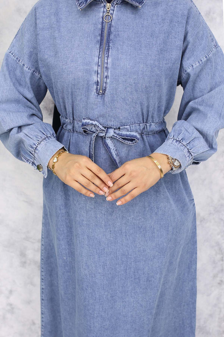 BNG Women Half Zippered Pocketed Denim Dress - Blue 825 - Johnson City