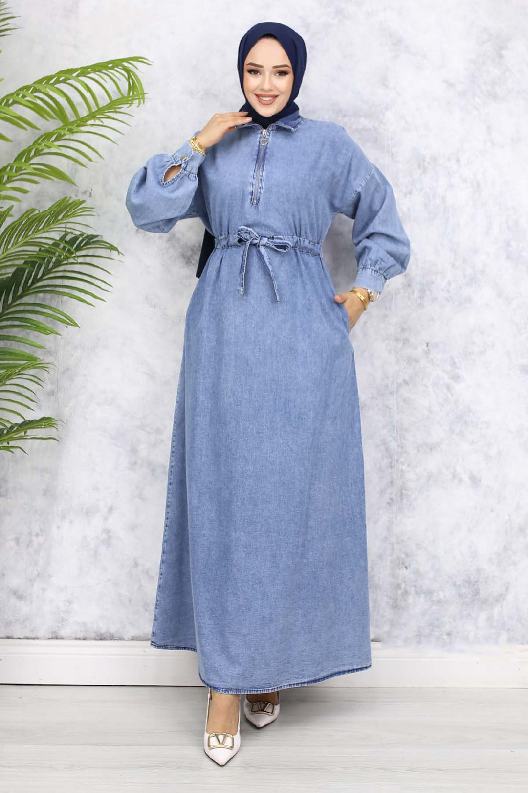 BNG Women Half Zippered Pocketed Denim Dress - Blue 825 - Johnson City
