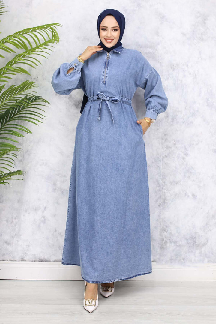 BNG Women Half Zippered Pocketed Denim Dress - Blue 825 - Johnson City