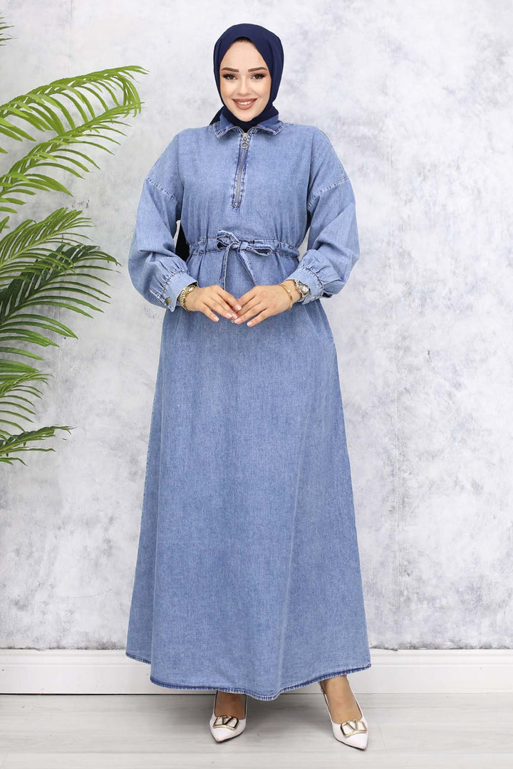BNG Women Half Zippered Pocketed Denim Dress - Blue 825 - Johnson City