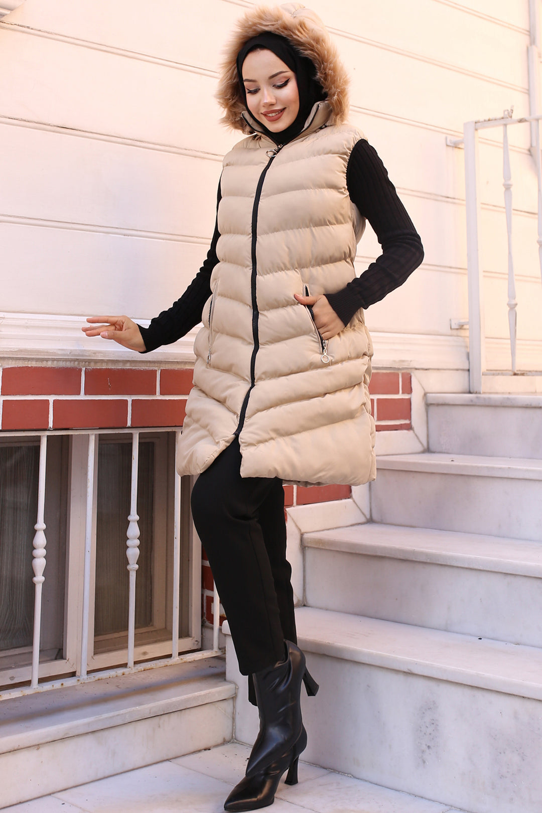 BNG Women Hooded Fur-Lined Puffer Vest Beige - Port Charlotte