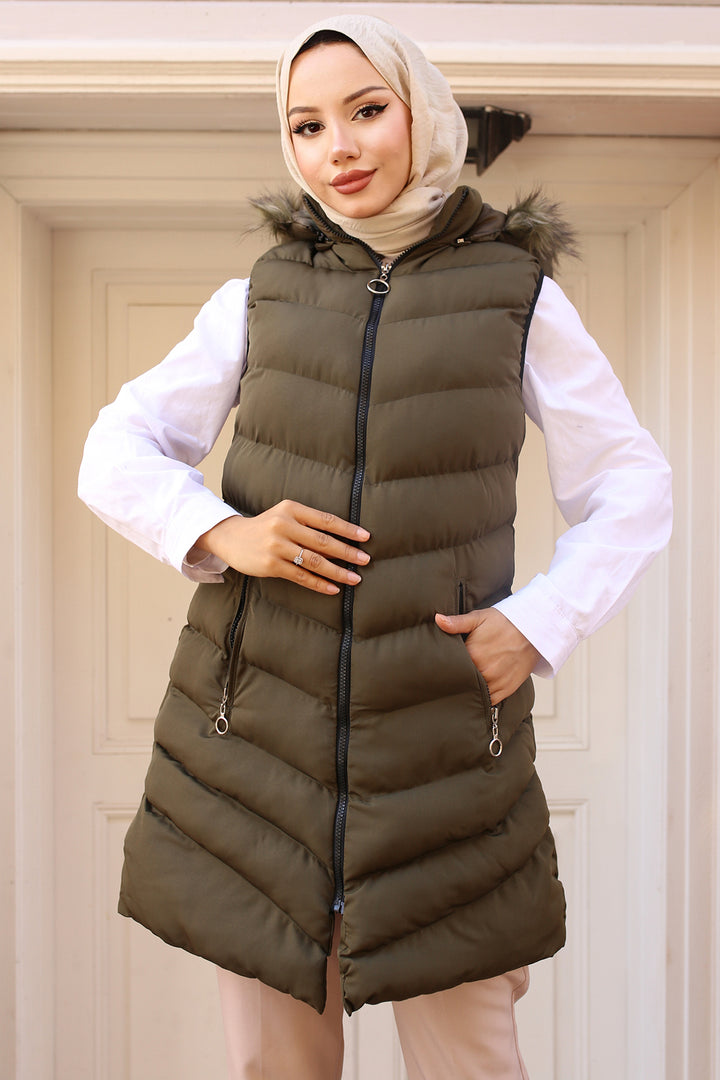 BNG Women Hooded Fur-Lined Puffer Vest Khaki - Plant City