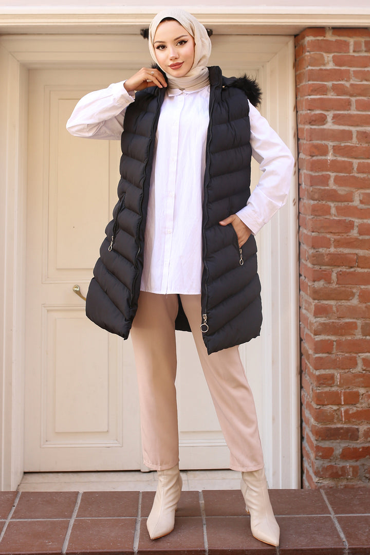 BNG Women Hooded Fur-Lined Puffer Vest Black - Lviv