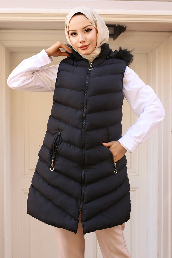 BNG Women Hooded Fur-Lined Puffer Vest Black - Lviv