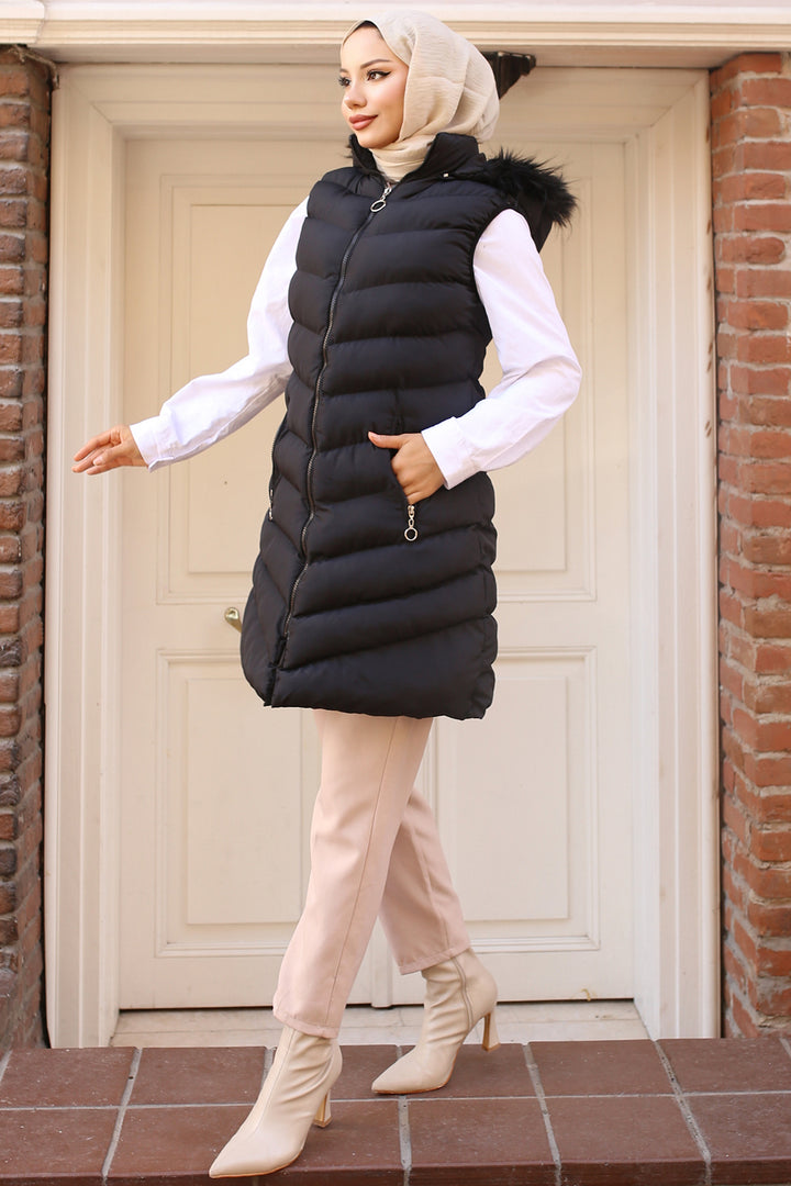 BNG Women Hooded Fur-Lined Puffer Vest Black - Lviv