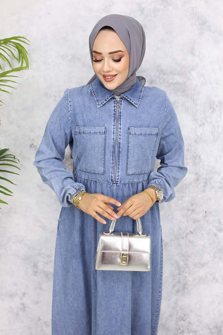 BNG Women Half-Zip Front Pocket Detailed Denim Dress Blue 766 - Reynoldsburg