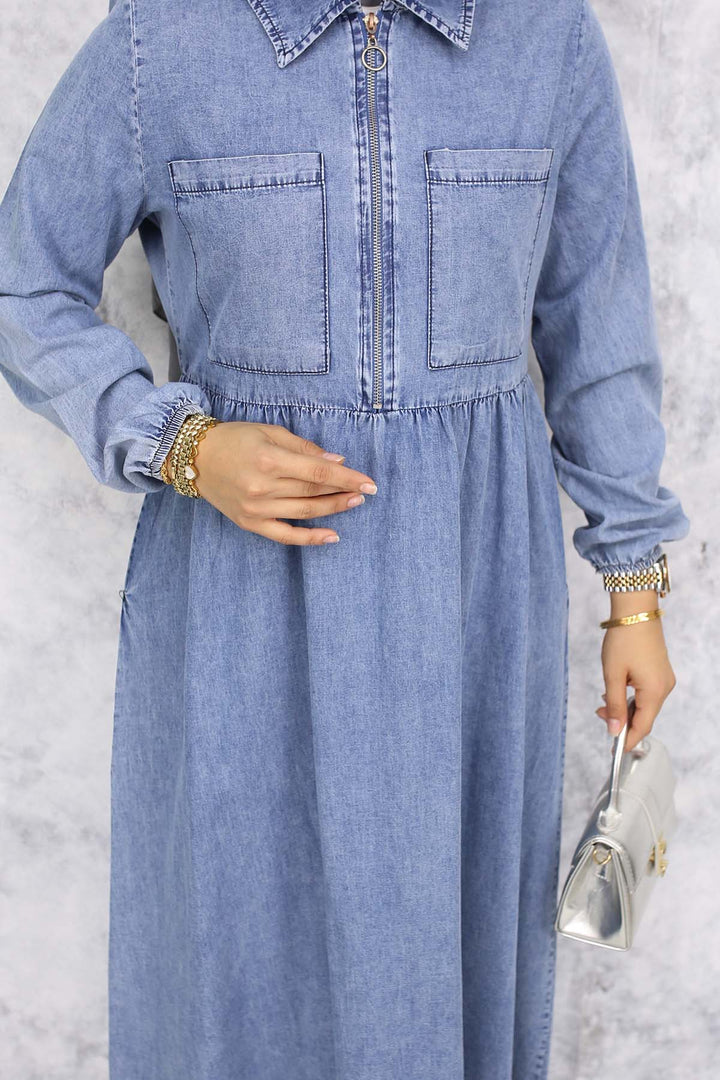 BNG Women Half-Zip Front Pocket Detailed Denim Dress Blue 766 - Reynoldsburg