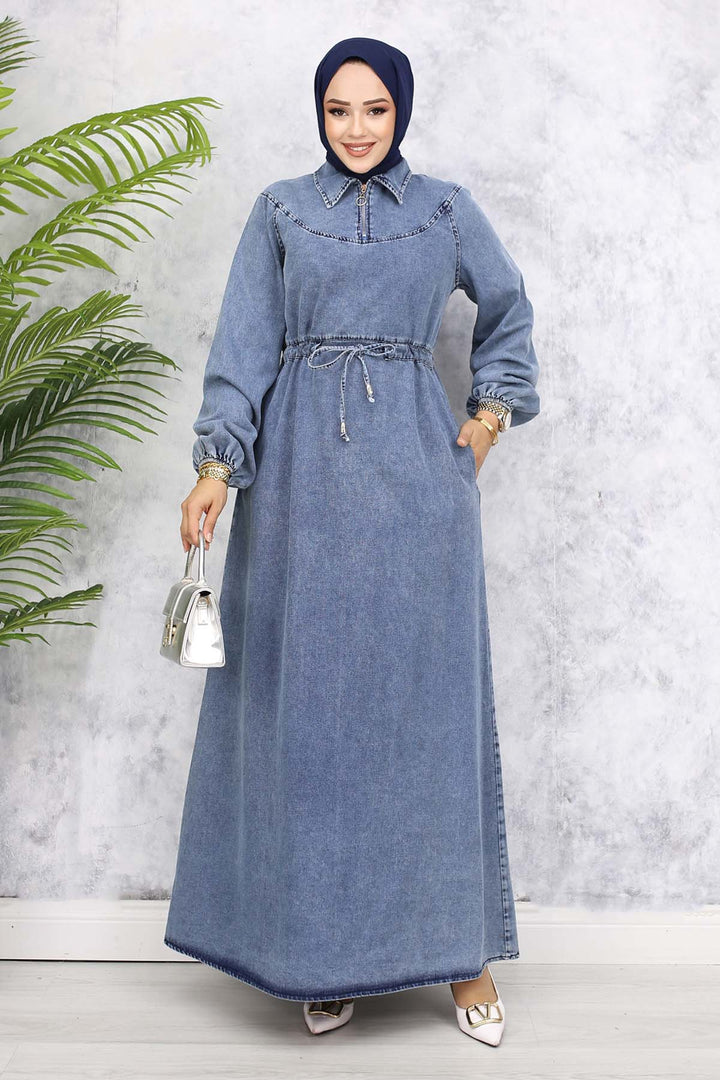 BNG Women Waist Ruffled Collar Zippered Denim Dress - Navy 843 - Elda