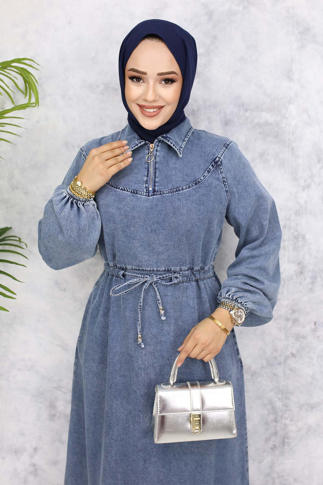 BNG Women Waist Ruffled Collar Zippered Denim Dress - Navy 843 - Elda