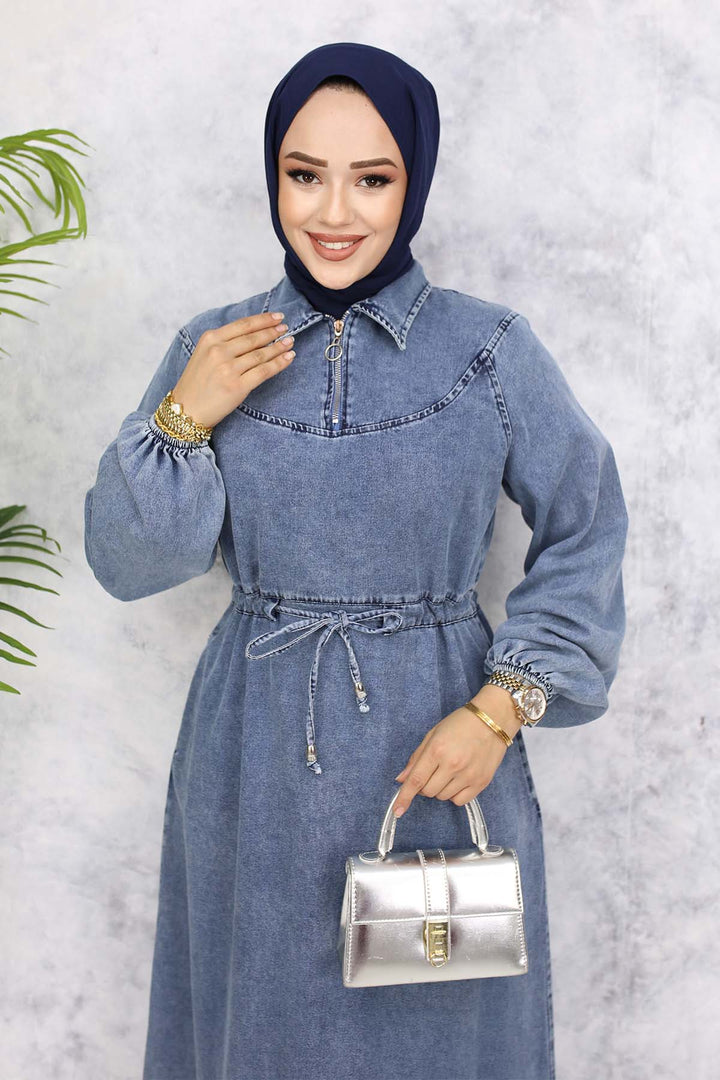 BNG Women Waist Ruffled Collar Zippered Denim Dress - Navy 843 - Elda