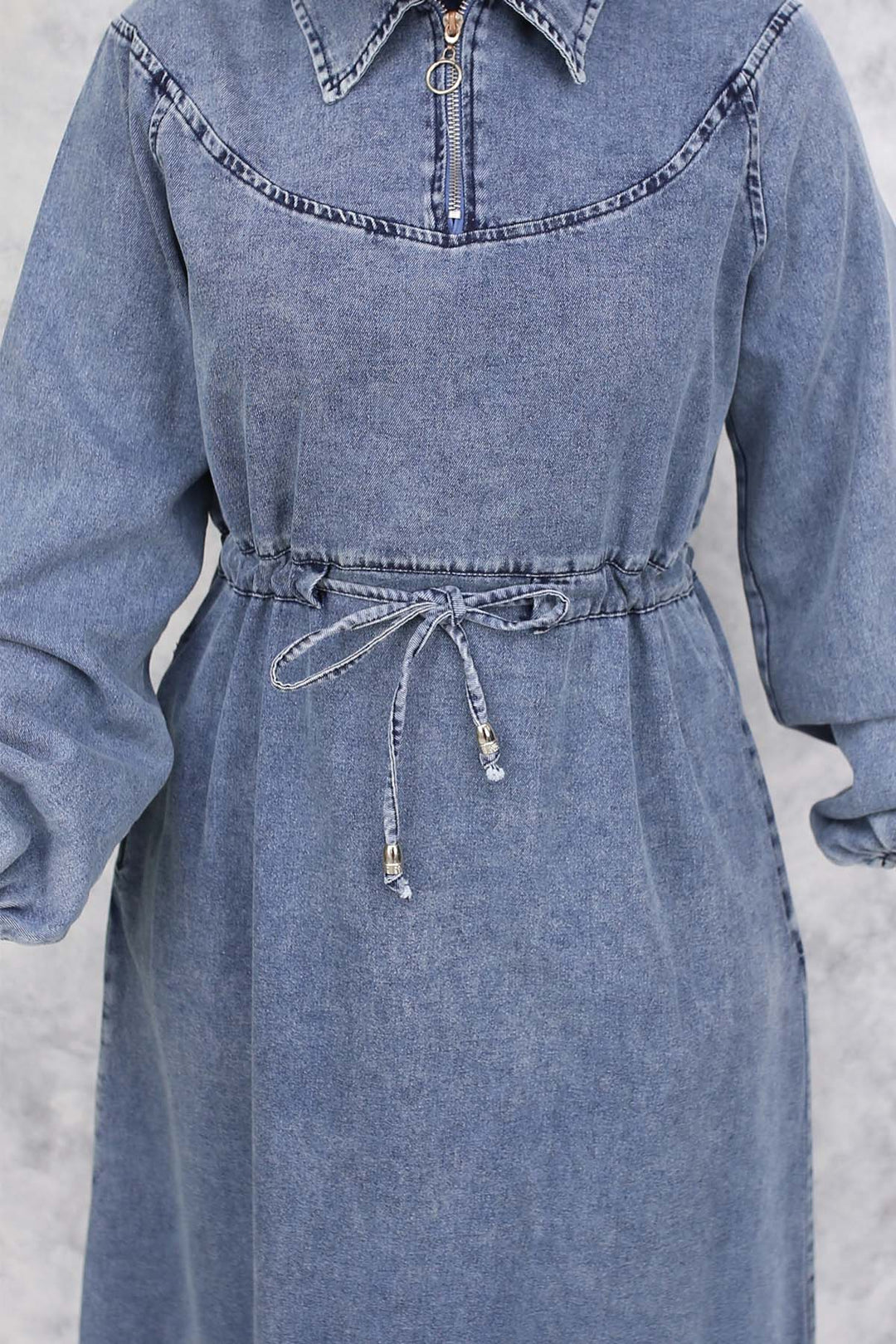 BNG Women Waist Ruffled Collar Zippered Denim Dress - Navy 843 - Elda
