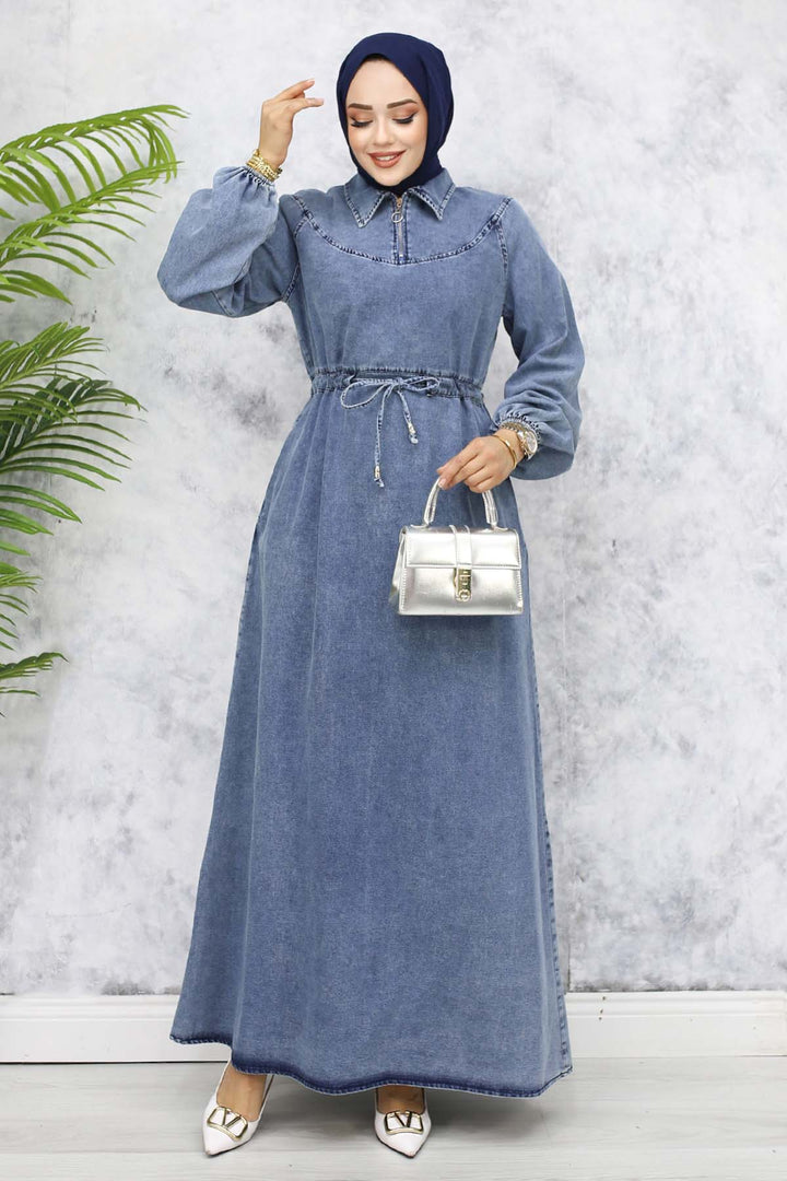 BNG Women Waist Ruffled Collar Zippered Denim Dress - Navy 843 - Elda