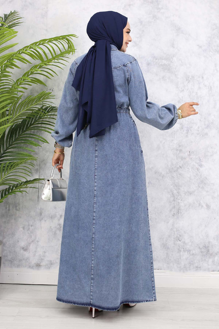 BNG Women Waist Ruffled Collar Zippered Denim Dress - Navy 843 - Elda
