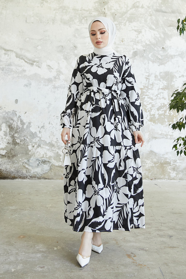 BNG Women Floral Pattern Hijab Dress Black - Clermont