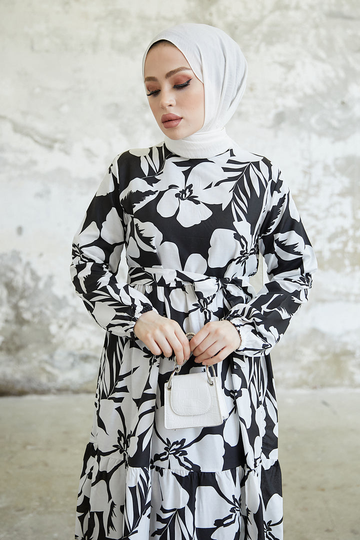 BNG Women Floral Pattern Hijab Dress Black - Clermont