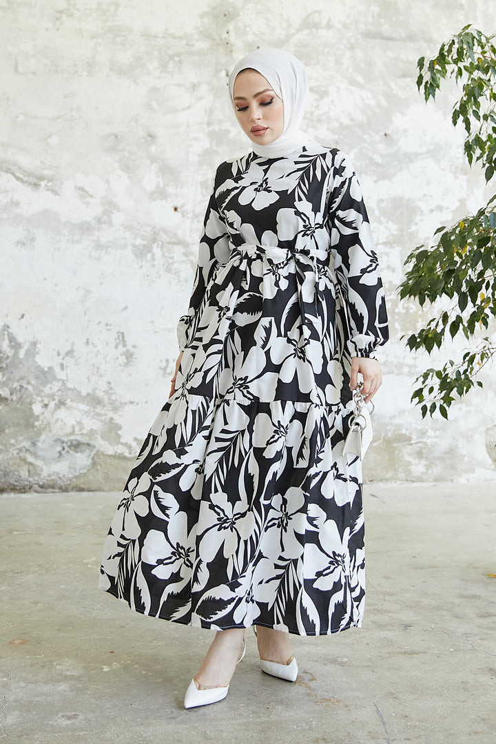 BNG Women Floral Pattern Hijab Dress Black - Clermont