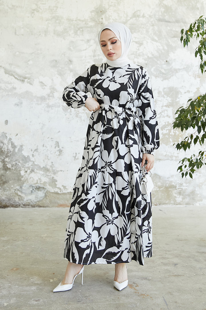 BNG Women Floral Pattern Hijab Dress Black - Clermont