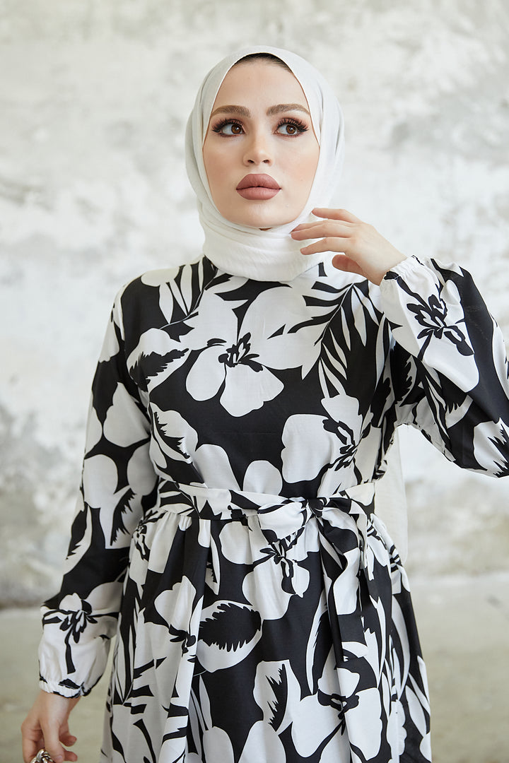 BNG Women Floral Pattern Hijab Dress Black - Clermont