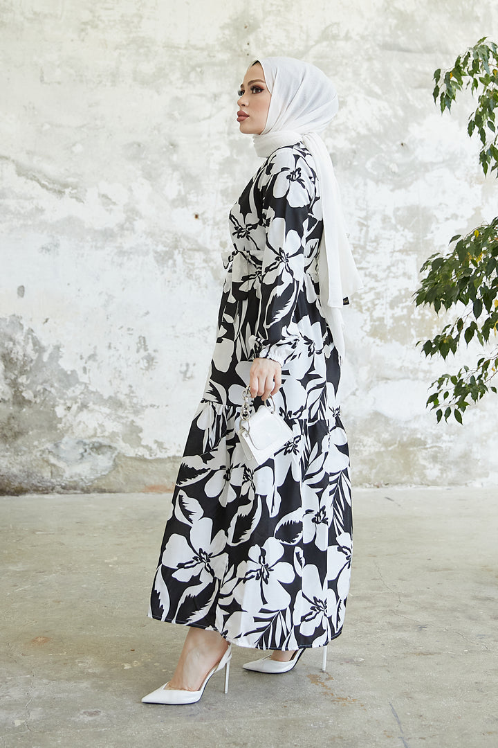 BNG Women Floral Pattern Hijab Dress Black - Clermont