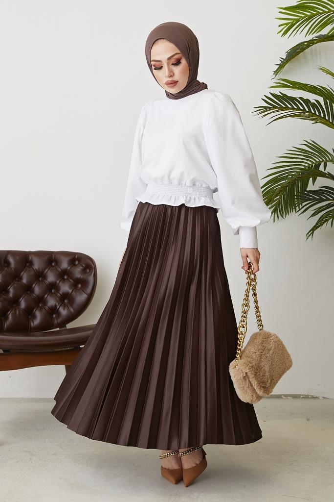 BNG Women Brown Elastic Waist Pleated Skirt - Clermont