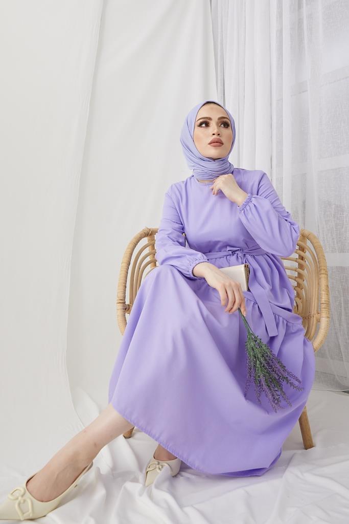 فستان حجاب نسائي بياقة صفر وحزام من BNG أرجواني - كليرمون