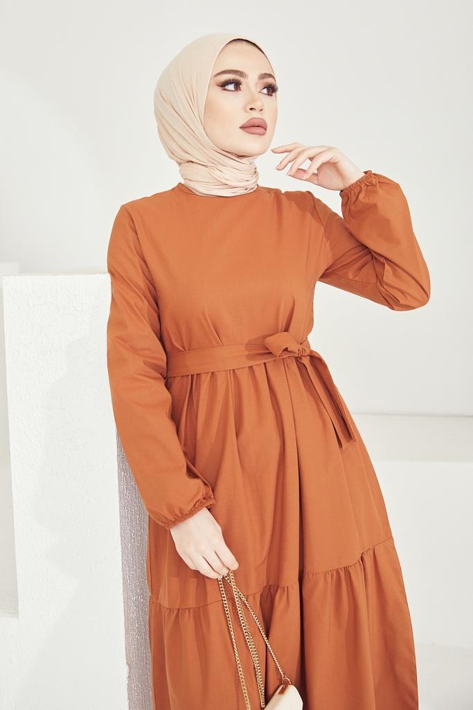 BNG Women Zero Collar Belted Hijab Dress Cinnamon - Clermont