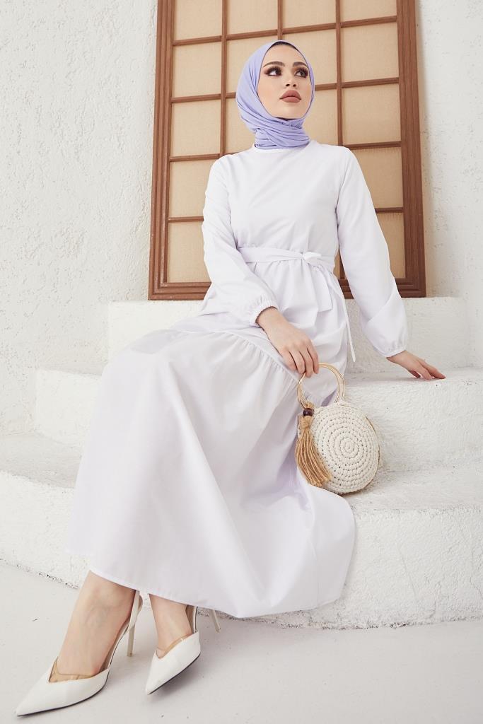 BNG Women Zero Collar Belted Hijab Dress White - Clermont