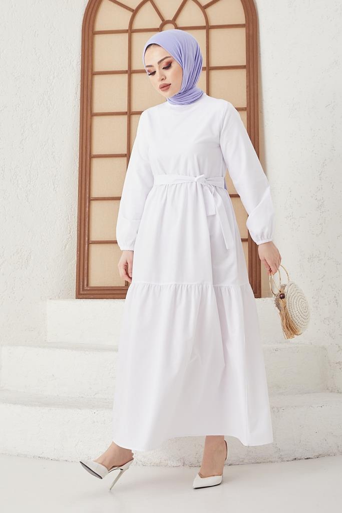 BNG Women Zero Collar Belted Hijab Dress White - Clermont