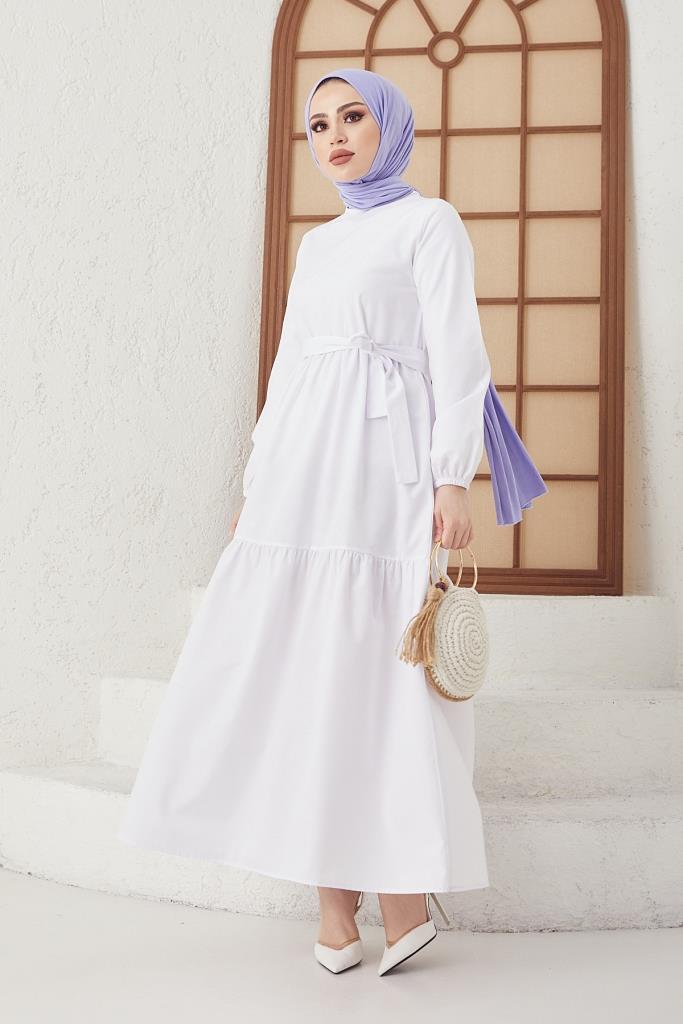 BNG Women Zero Collar Belted Hijab Dress White - Clermont