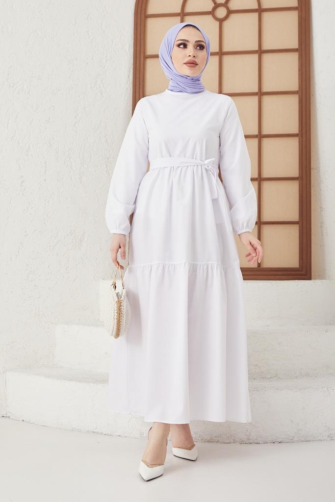 BNG Women Zero Collar Belted Hijab Dress White - Clermont