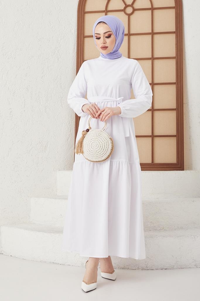 BNG Women Zero Collar Belted Hijab Dress White - Clermont