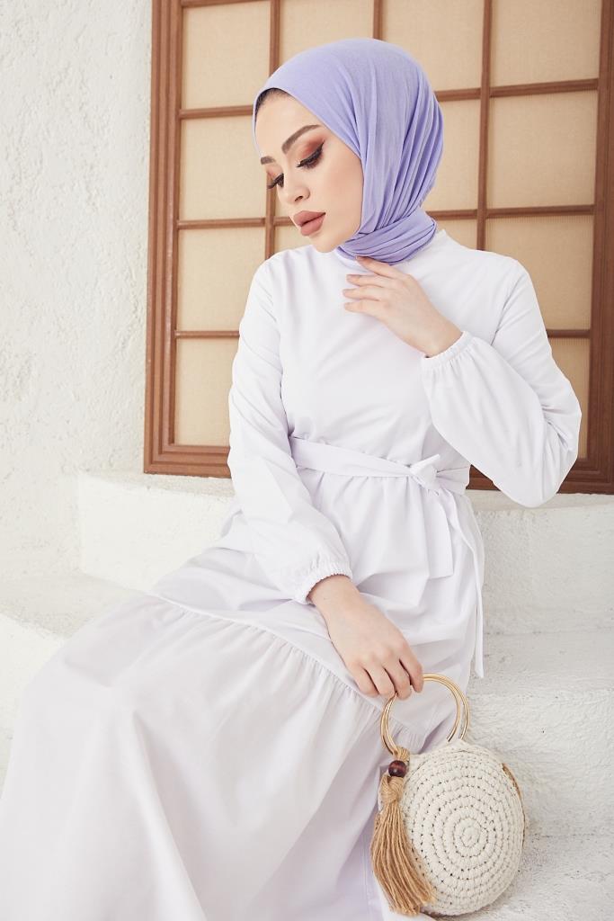 BNG Women Zero Collar Belted Hijab Dress White - Clermont