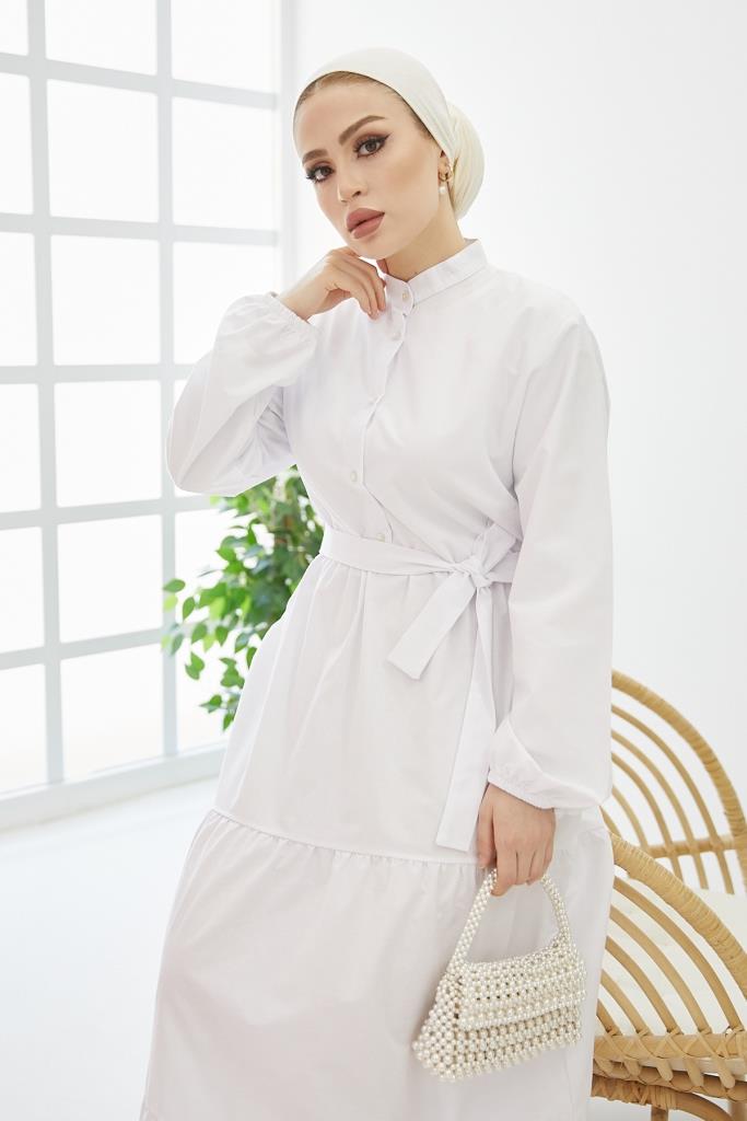 BNG Women Judge Collar Buttoned Hijab Dress White - Clermont