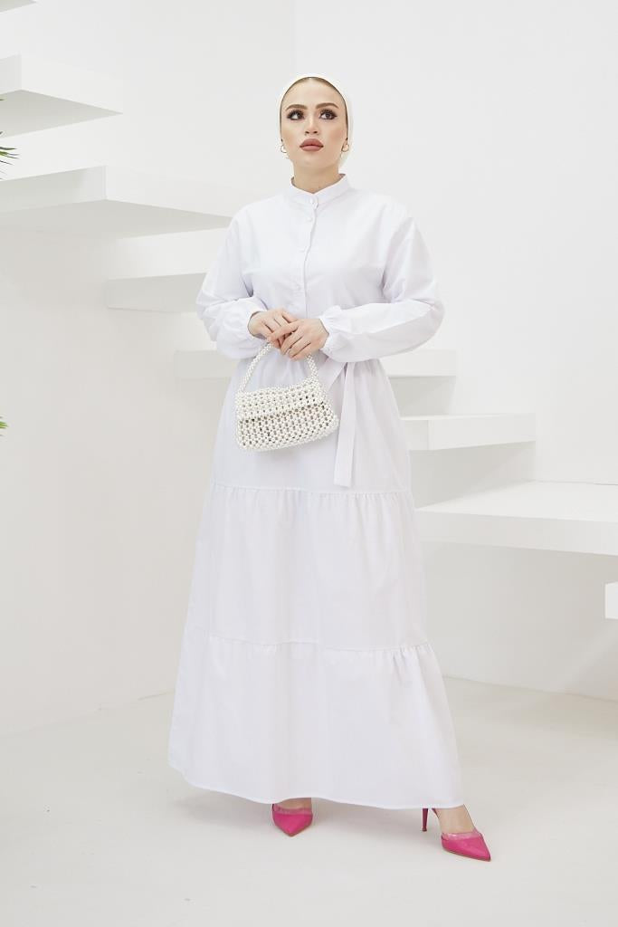 BNG Women Judge Collar Buttoned Hijab Dress White - Clermont